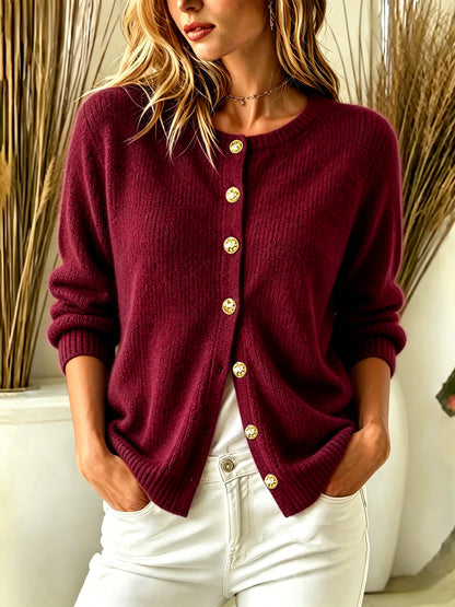 Crew Neck Gold‑Button Ribbed Knit Cardigan