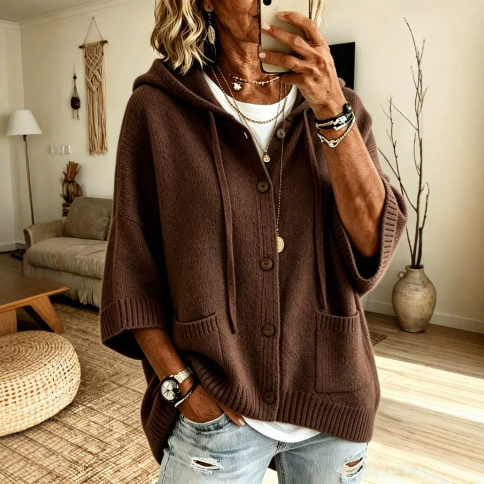 Drawstring Hooded 3/4 Sleeve Wooden Button Knit Cardigan