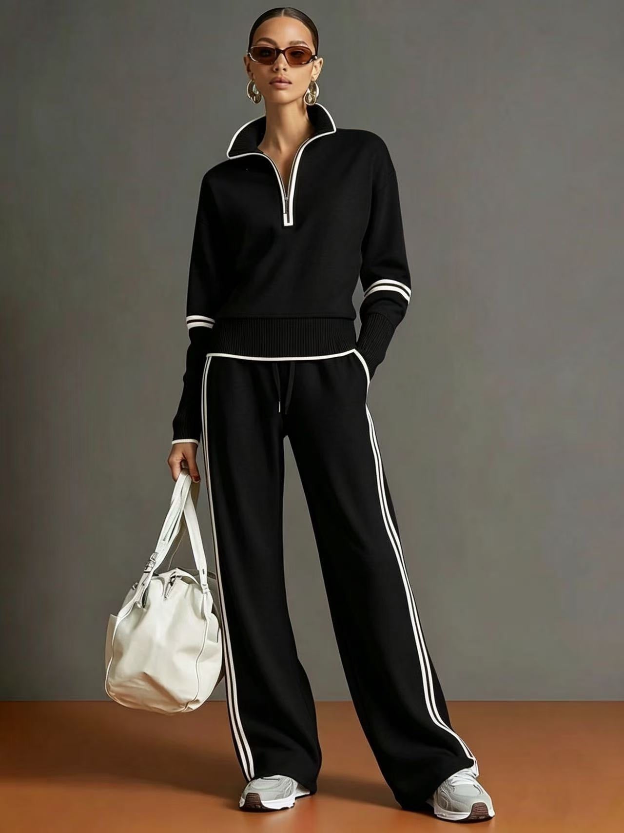 Casual Sports Suit Contrasting Color Stand-Up Collar Sweatshirt Wide-Leg Pants Suit