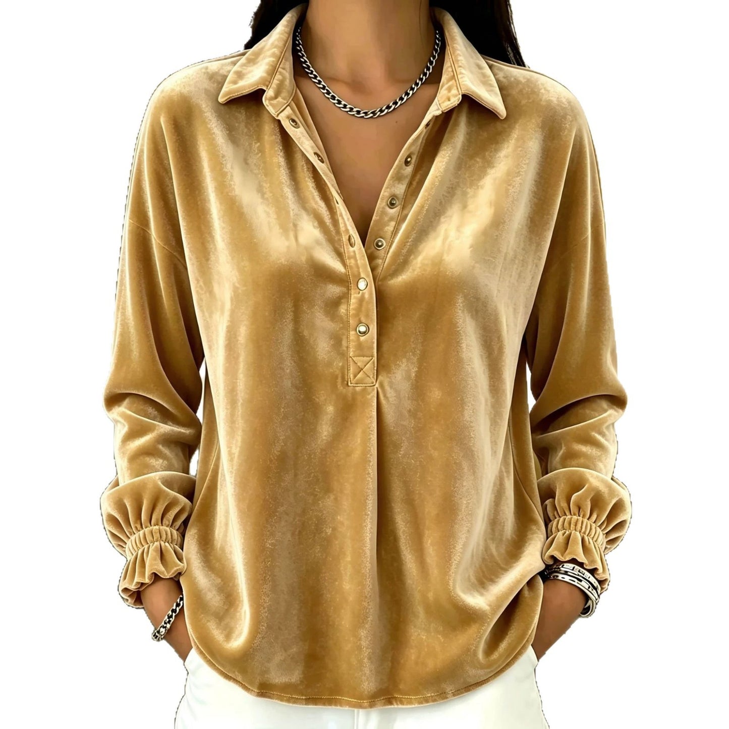 Velvet Collared Half Placket Gathered Cuff Long Sleeve Blouse