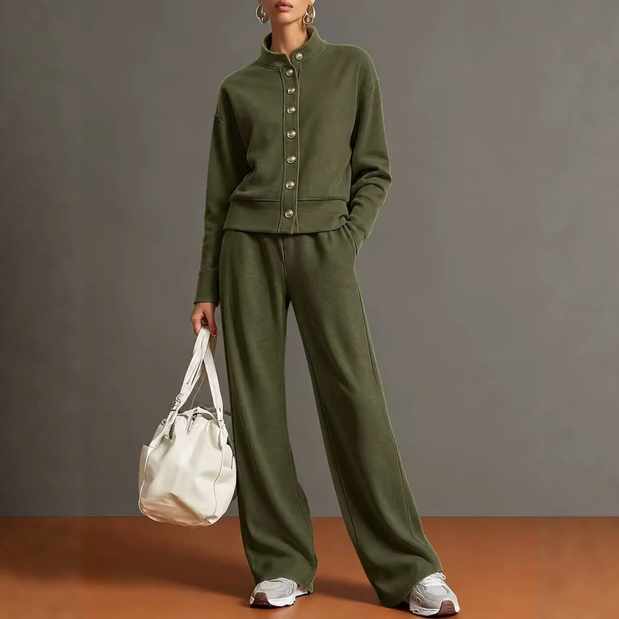 New Solid Color Stand-Up Collar Cardigan Sweatshirt Wide-Leg Pants Suit Independent Station Popular Women