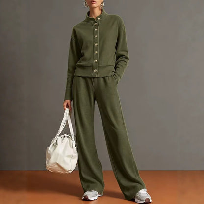 New Solid Color Stand-Up Collar Cardigan Sweatshirt Wide-Leg Pants Suit Independent Station Popular Women