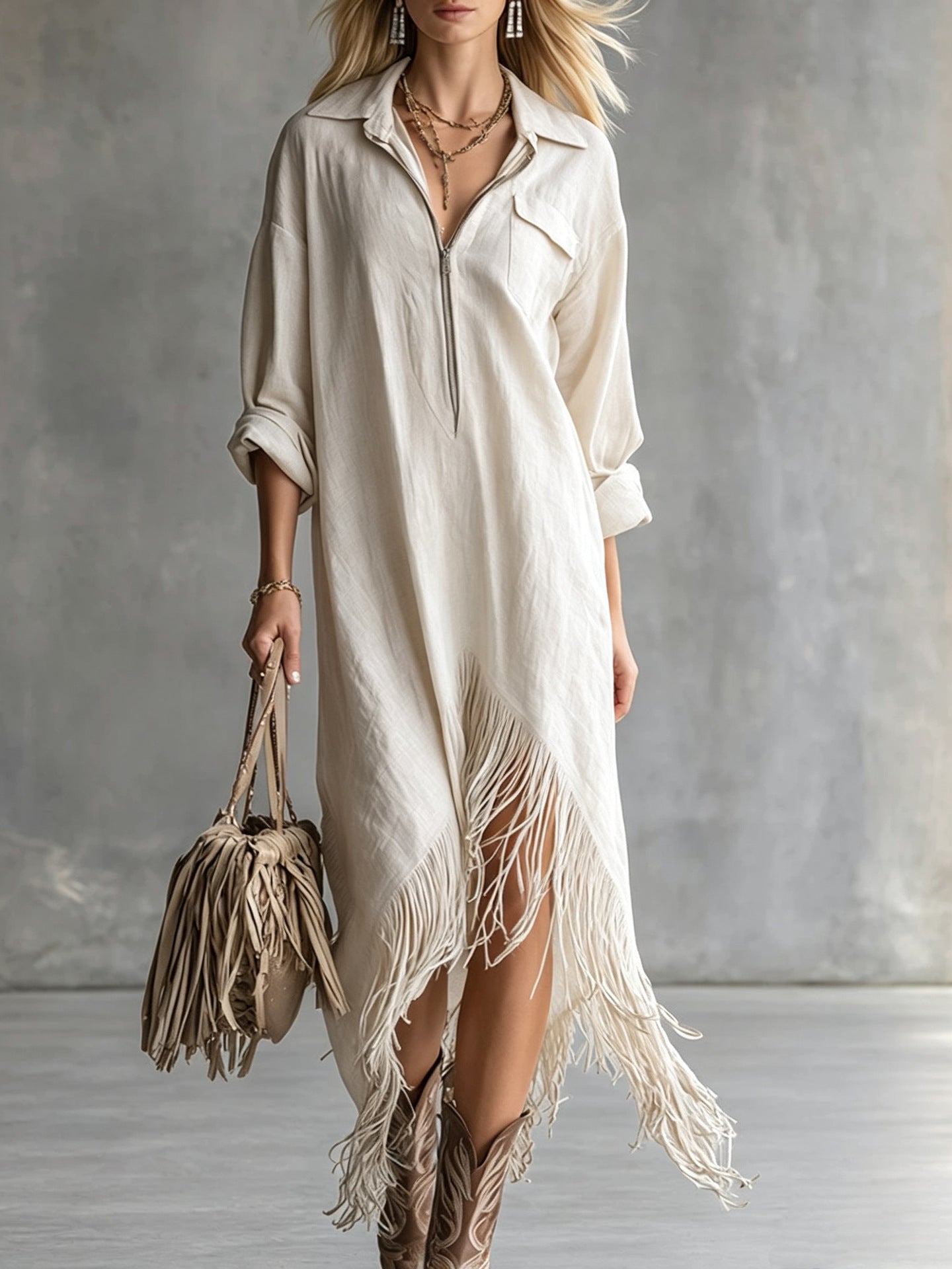 Half Zip Fringe Hem Boho Shirt Dress