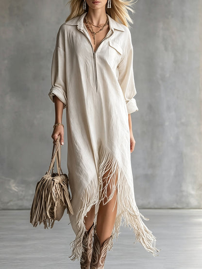 Half Zip Fringe Hem Boho Shirt Dress