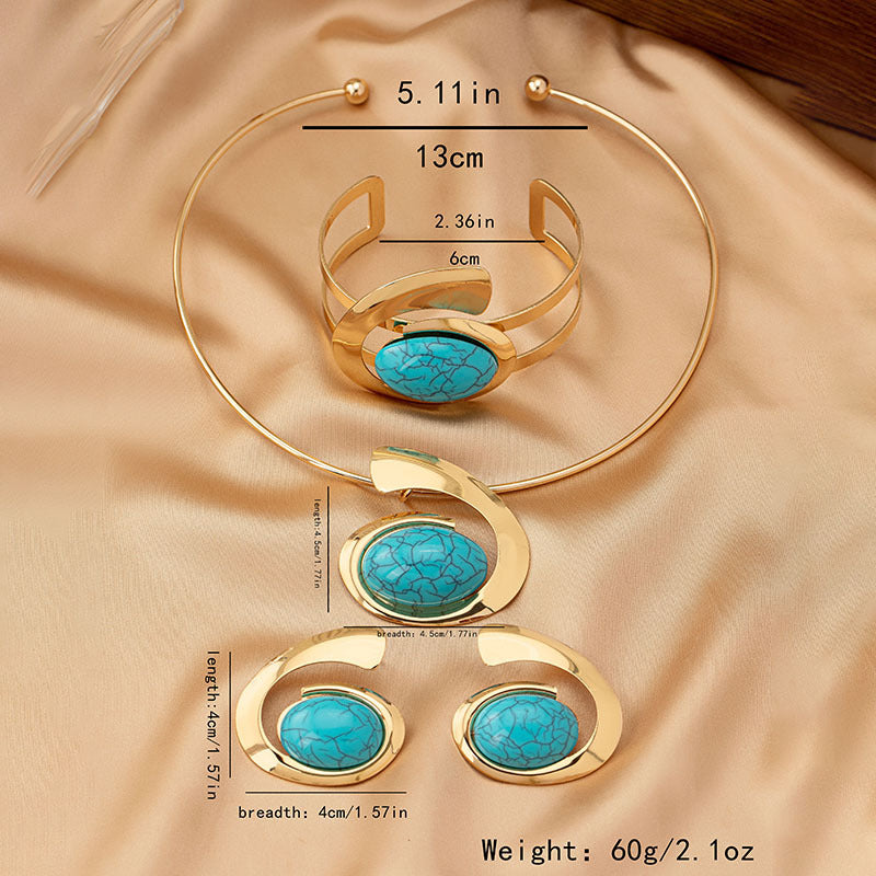 Abstract Curve Statement Jewelry 4-Piece Set | Open Choker Necklace + Adjustable Cuff Bracelet + Matching Drop Earrings