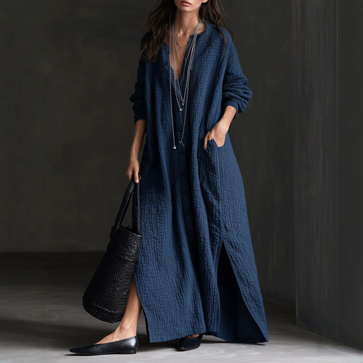 Casual Side Slit Long Sleeve Maxi Dress