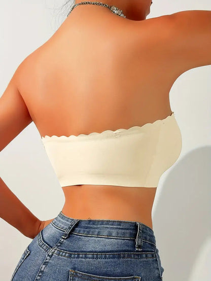 Hugmecurve® Womens Strapless Bra Non-Slip Padded Bandeau Bras Front Closure Bras for Women Wavy Trim Seamless Tube Top Bralette