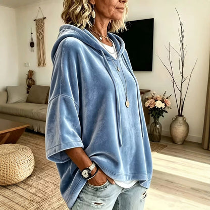 Velvet Drawstring Hooded Three-Quarter Sleeve Top