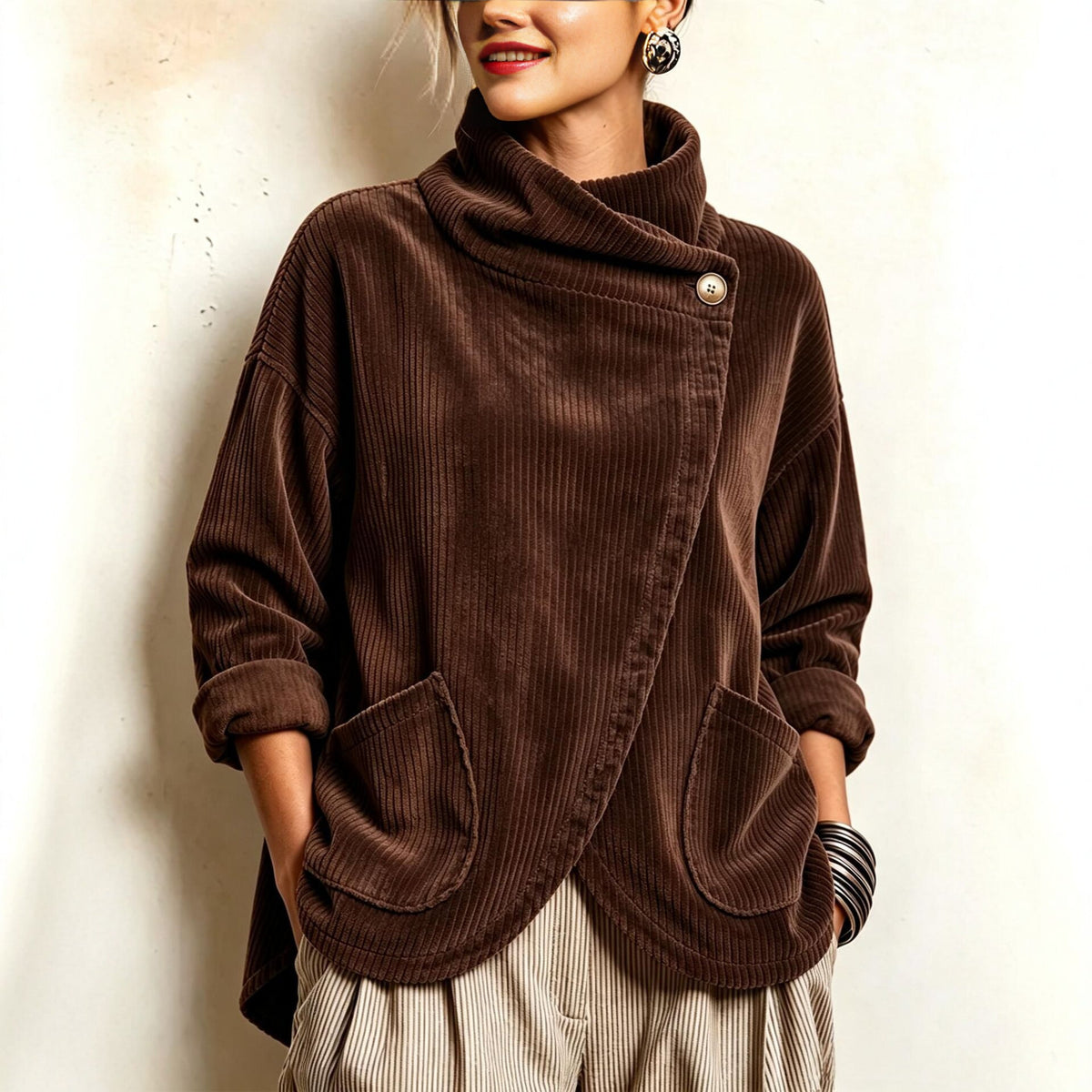 Cozy Asymmetric Button-Accented Corduroy Top
