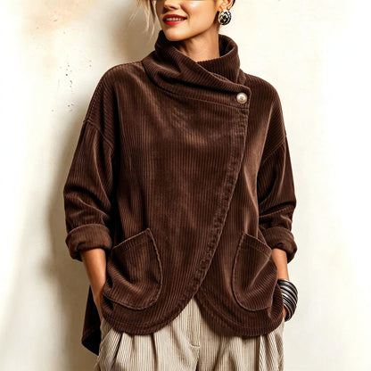 Cozy Asymmetric Button-Accented Corduroy Top