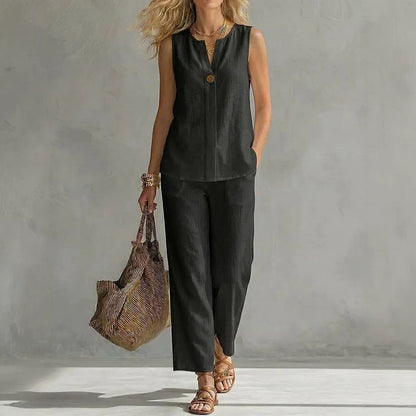Linen Notch V-Neck Sleeveless Top & Cropped Wide Leg Pants Two Piece Set
