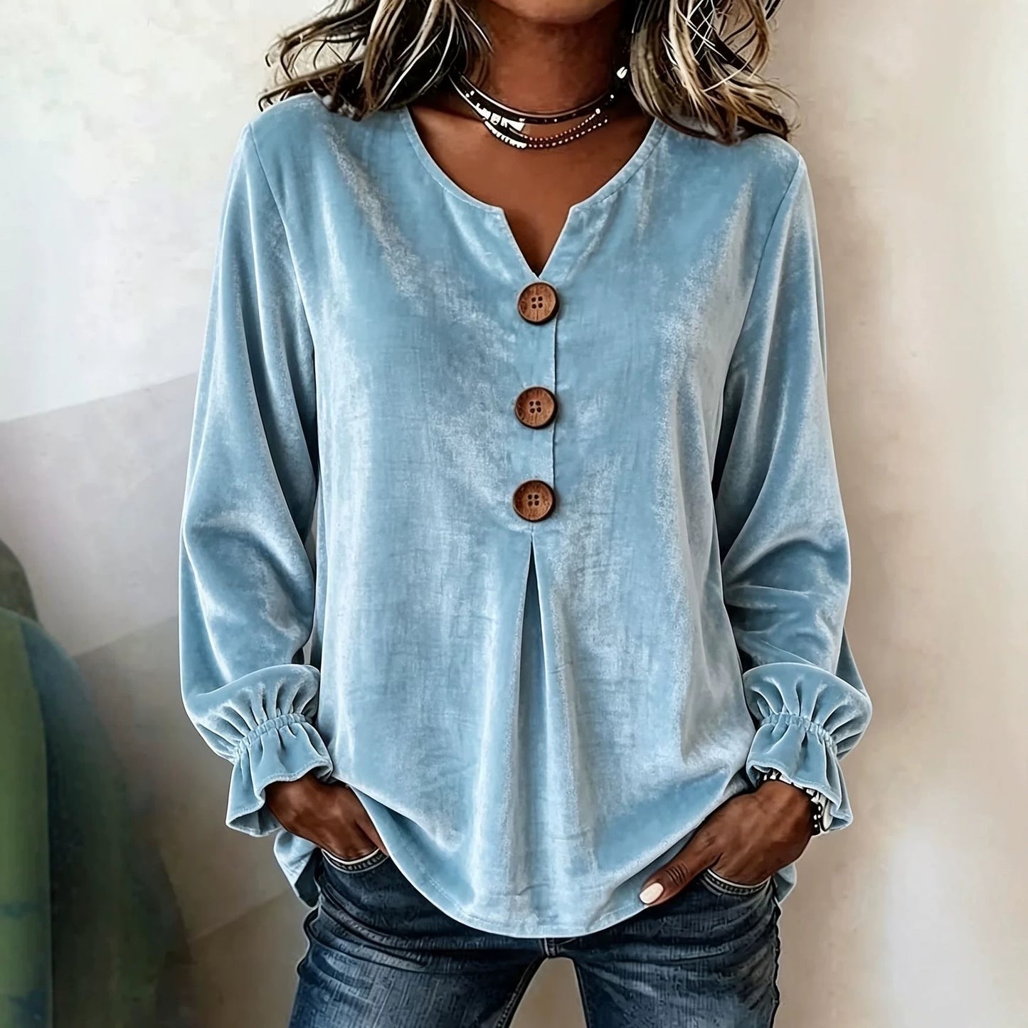 Notch V Neck Wooden Button Pleated Front Puff Cuff Long Sleeve Blouse