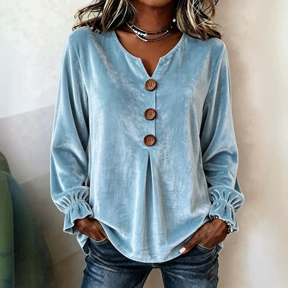 Notch V Neck Wooden Button Pleated Front Puff Cuff Long Sleeve Blouse