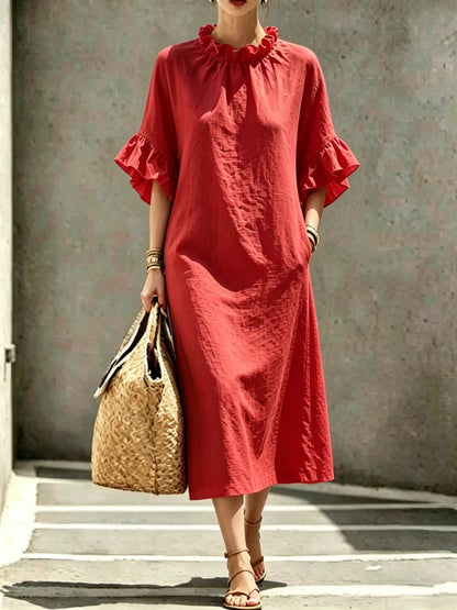 Textured Linen Ruffle Neck Flounce Sleeve Midi Shift Dress