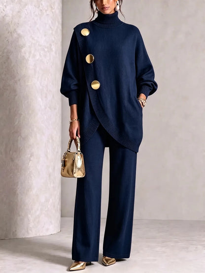 Turtleneck Gold‑Button Asymmetric Knit Tunic & Wide‑Leg Pants Two‑Piece Set