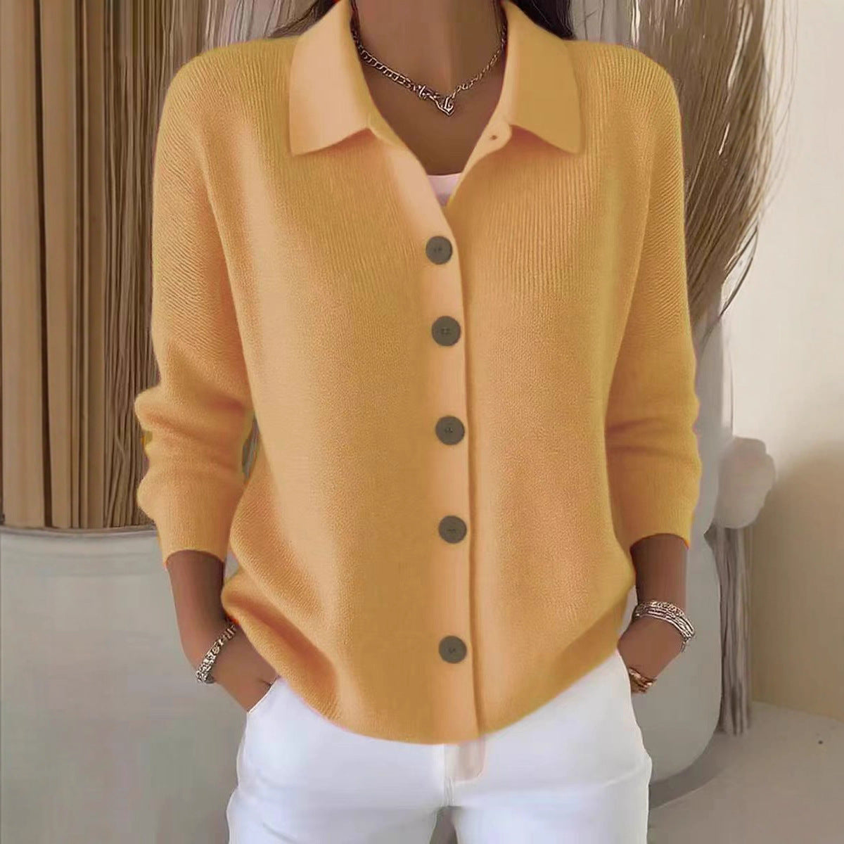 Collar Wooden Button Knit Cardigan