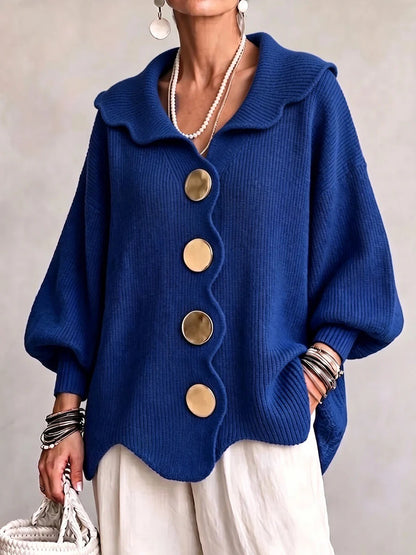 Oversized Scallop-Collar Button Knit Cardigan