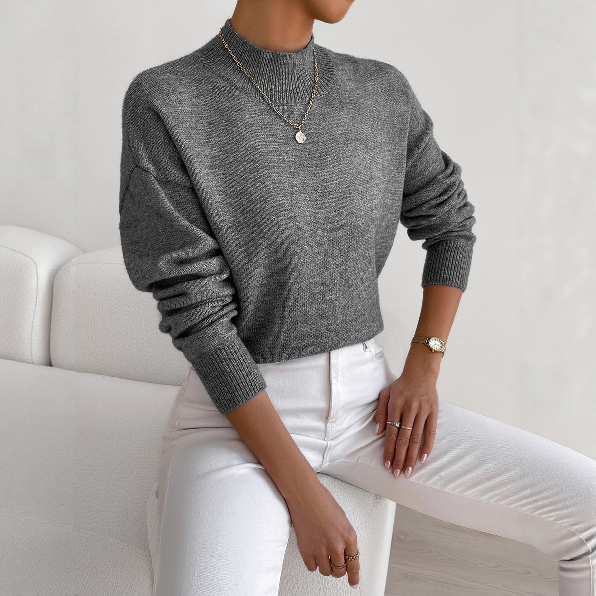 Women's Solid Mock Neck Long Sleeve Knit Sweater