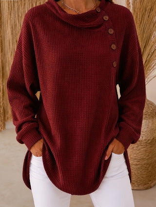 Waffle Knit Cowl Neck Top – Soft Textured Long Sleeve Tunic