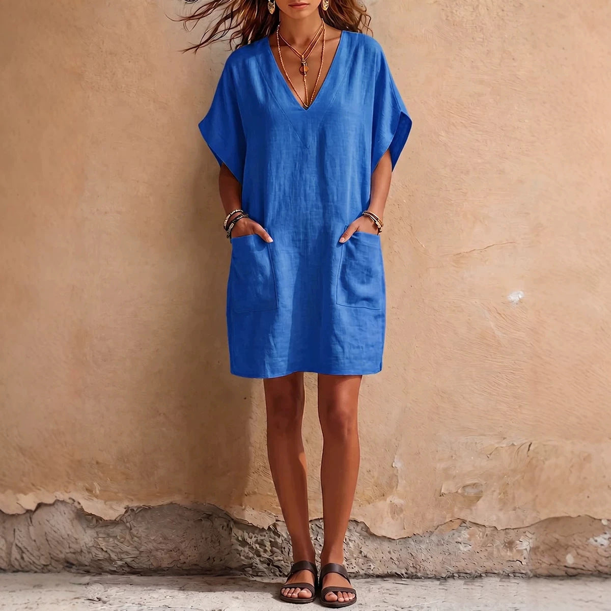 Relaxed V-Neck Linen Mini Dress with Pockets