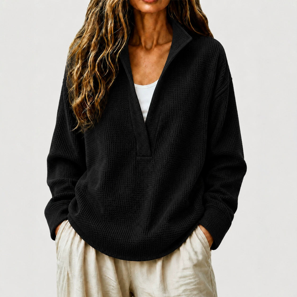 Waffle Textured Half Zip Stand Collar Long Sleeve Top