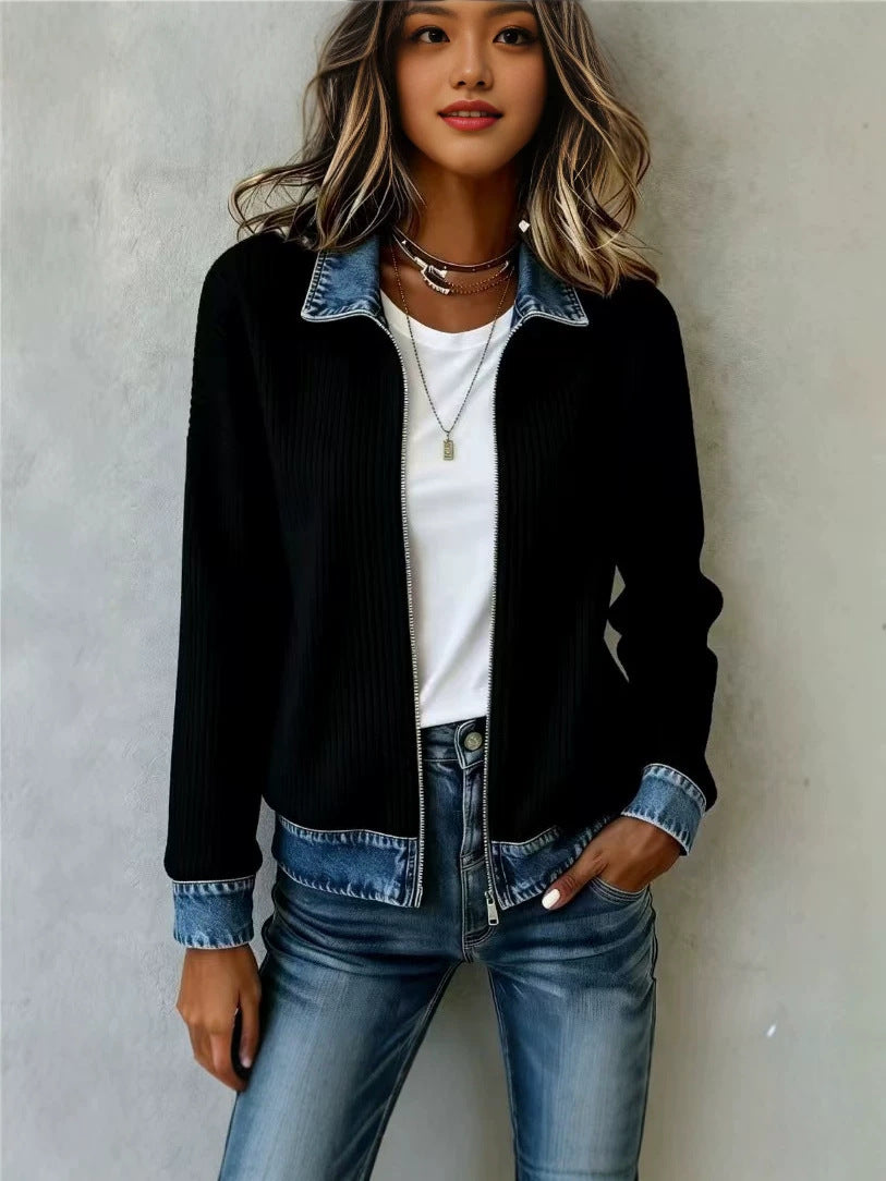 Ribbed Knit Zip Jacket with Denim Trim