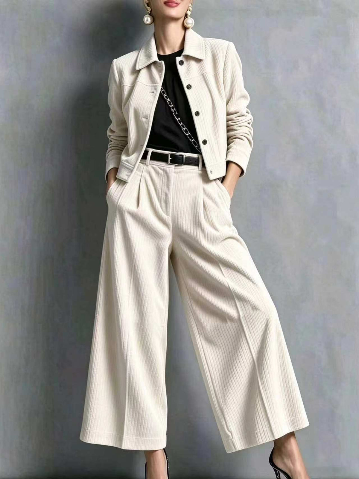 Corduroy Lapel Crop Jacket & High Waist Wide Leg Pants 2 Piece Outfit
