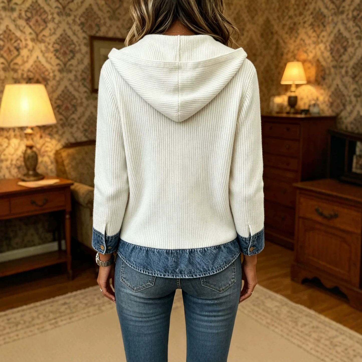 Denim Spliced Ribbed Knit Hooded Cardigan