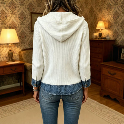 Denim Spliced Ribbed Knit Hooded Cardigan
