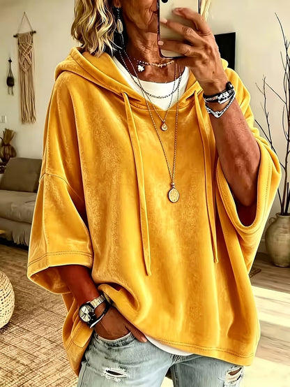 Velvet Drawstring Hooded Three-Quarter Sleeve Top