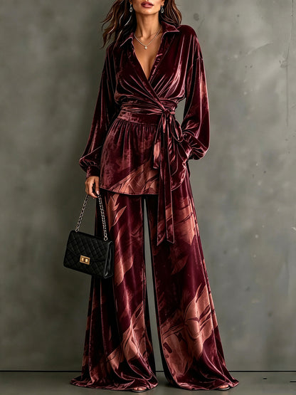 Velvet Wrap Blouse & Wide-Leg Pant Set – Printed Two-Piece