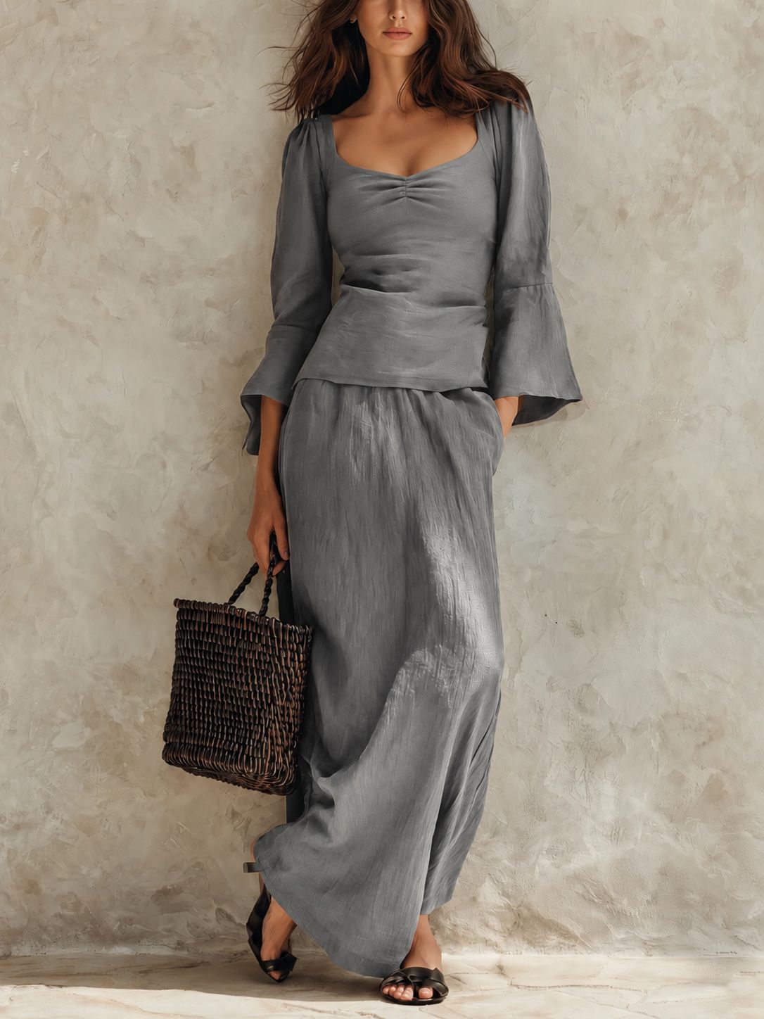 Square Neck Flare Sleeve Top & Maxi Skirt Matching Set
