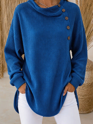 Waffle Knit Cowl Neck Top – Soft Textured Long Sleeve Tunic