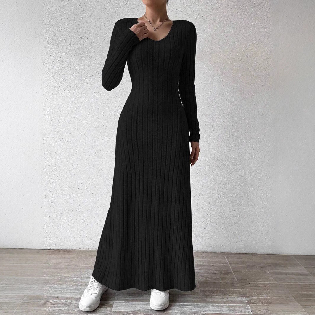 V-Neck Vertical Ribbed Knit Long Sleeve A-Line Maxi Dress