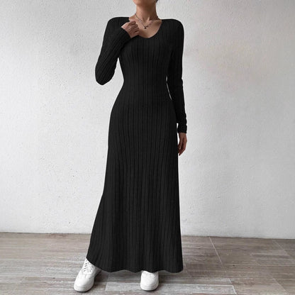 V-Neck Vertical Ribbed Knit Long Sleeve A-Line Maxi Dress