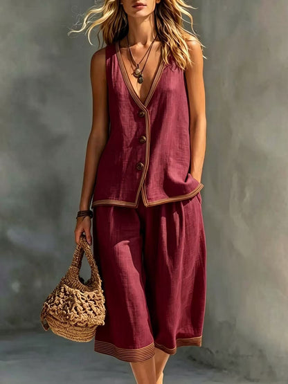 Linen Contrast‑Trim Vest & Culottes Two‑Piece Set