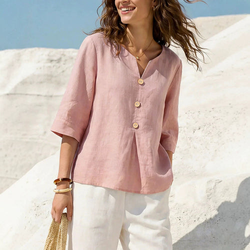 Linen-Blend Button-Front Top – Soft Textured 3/4 Sleeve Blouse