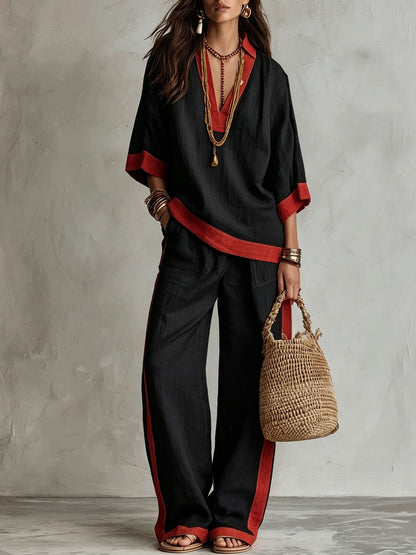 Contrast Trim Linen Two Piece Set