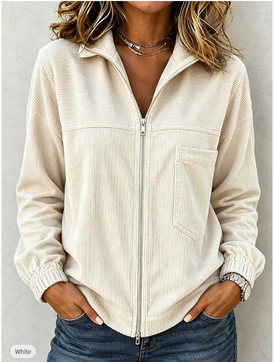 Women's Full Zip Stand Collar Corduroy Long Sleeve Jacket With Pocket