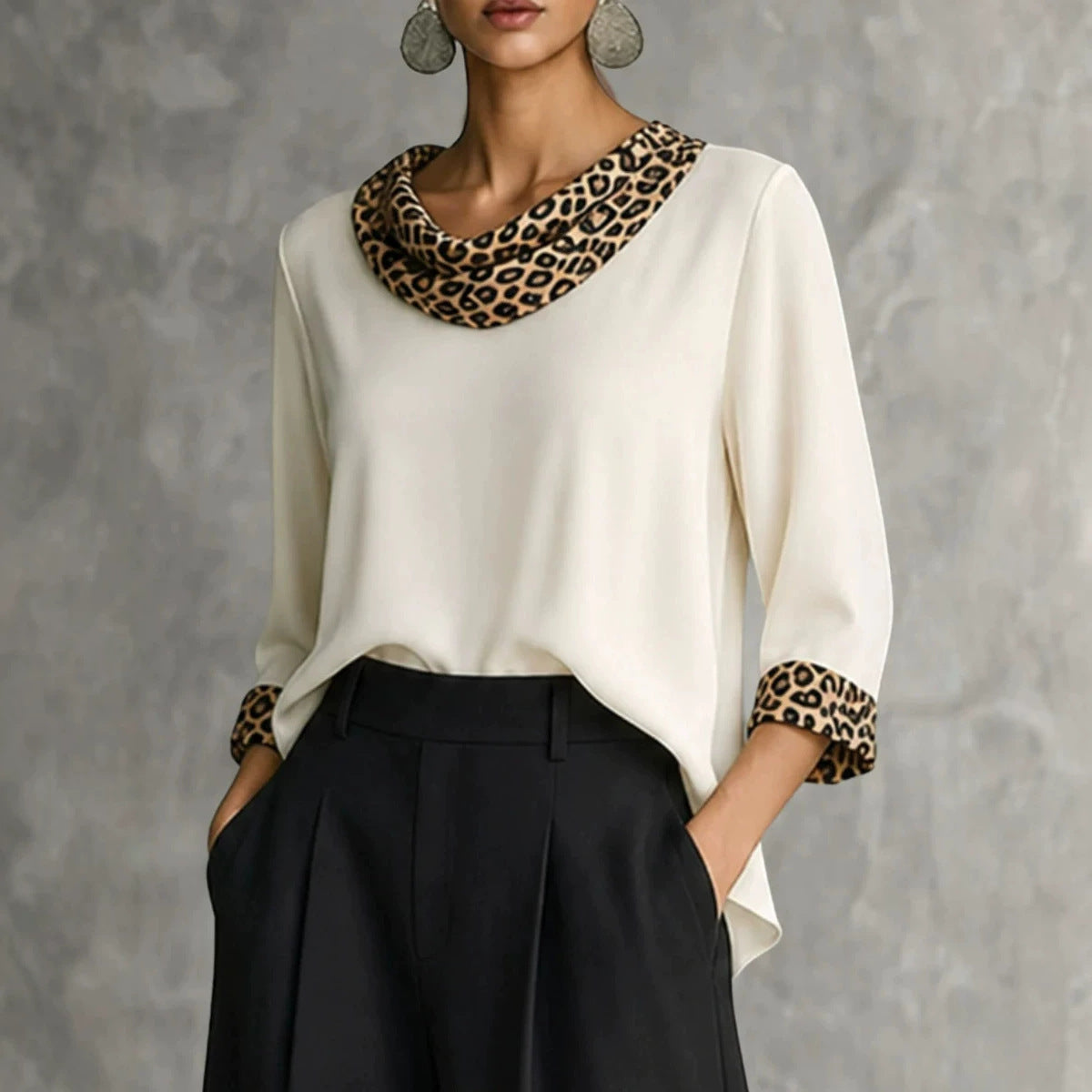 Vintage Elegant Leopard Print Patchwork Velvet Turtleneck Shirt