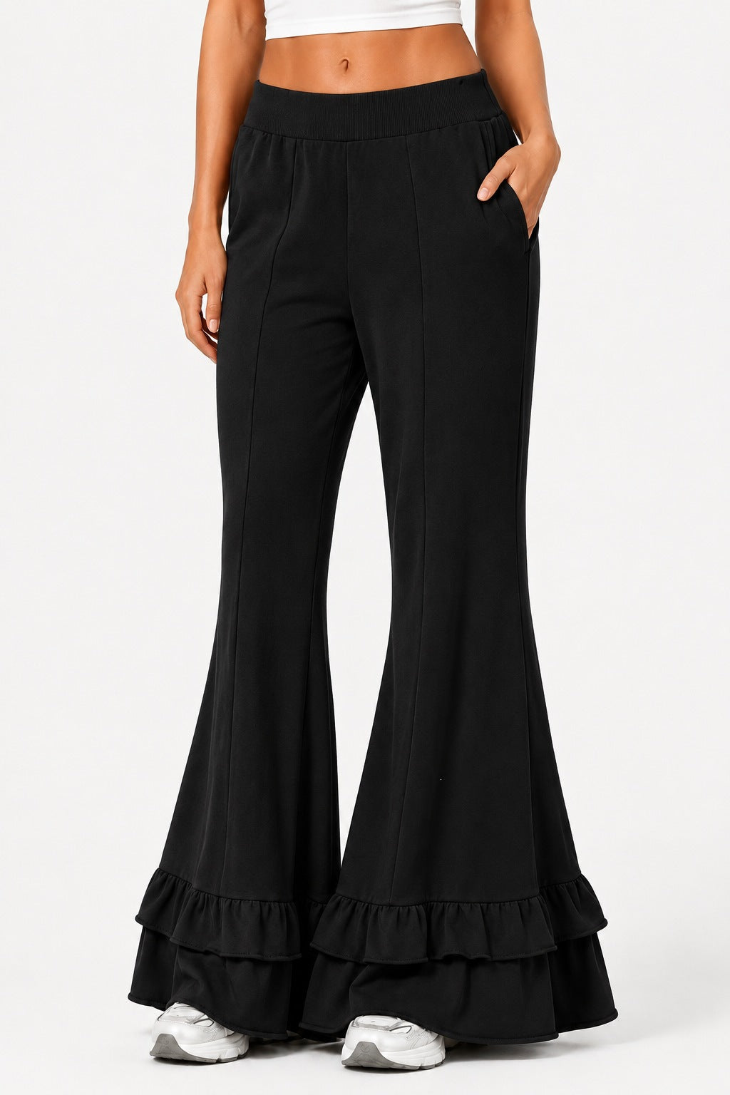 High Waist Front Seam Double Ruffle Hem Flare Knit Pants
