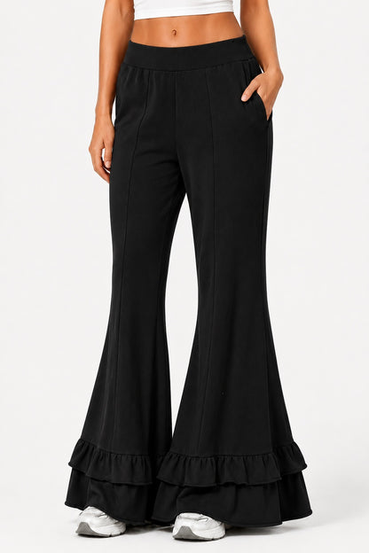 High Waist Front Seam Double Ruffle Hem Flare Knit Pants