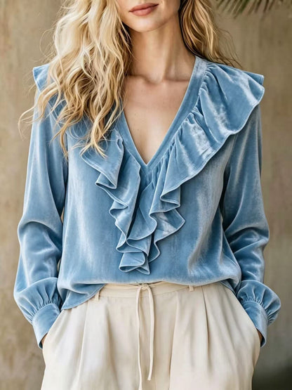Ruffled V-Neck Velvet Long Sleeve Blouse
