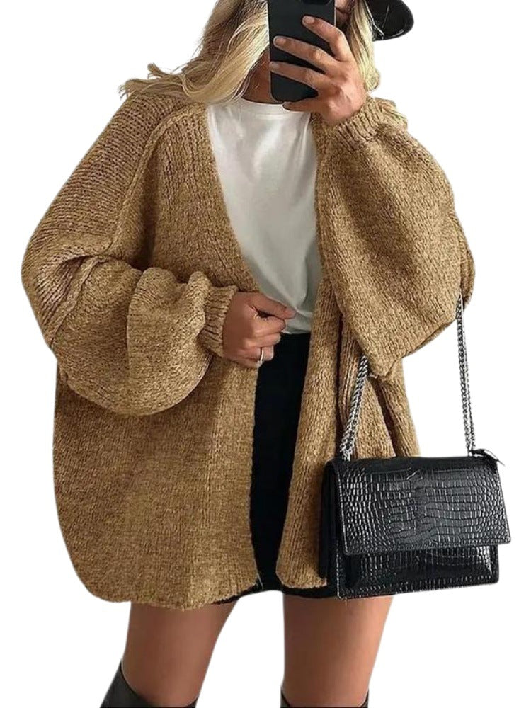 Women's Solid Color Chunky Knit Open Front Lantern Sleeve Mid-Length Cardigan