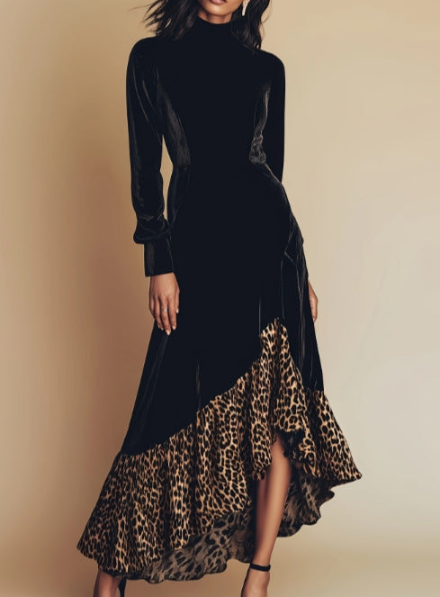 Black Velvet High‑Neck Long‑Sleeve Leopard‑Print Ruffle High‑Low Maxi Dress