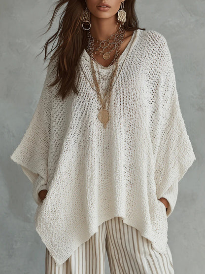 V-Neck Open Knit Oversized Batwing Long Sleeve Sweater Top