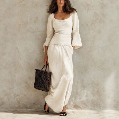 Square Neck Flare Sleeve Top & Maxi Skirt Matching Set