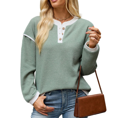 Contrast Trim Henley Knit Long Sleeve Top