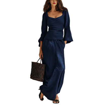 Square Neck Flare Sleeve Top & Maxi Skirt Matching Set