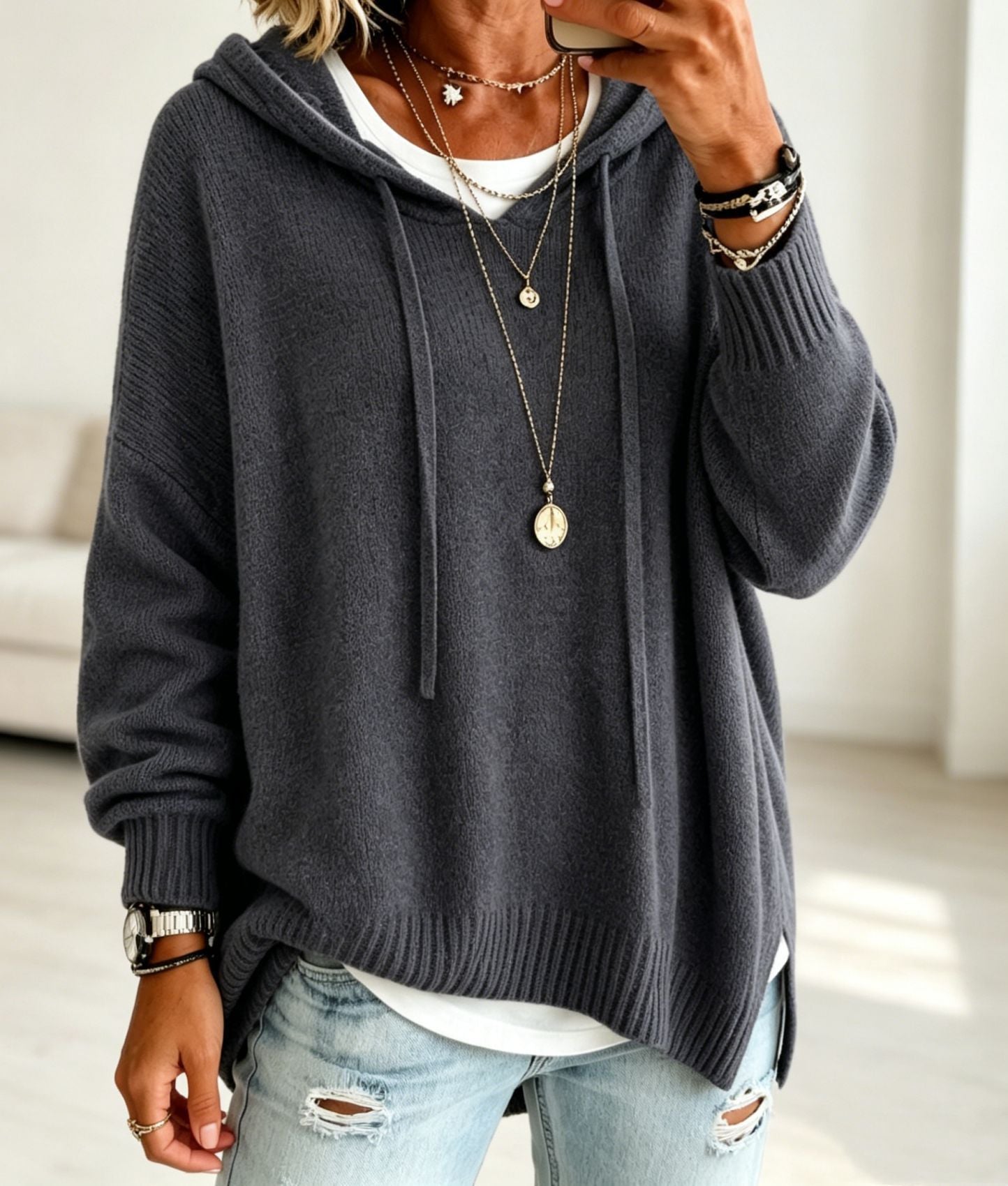 Women's Pullover Sweater Jumper Vacation Daily Stylish Hooded Knitted 3/4 Length Sleeve Long Tops Knit